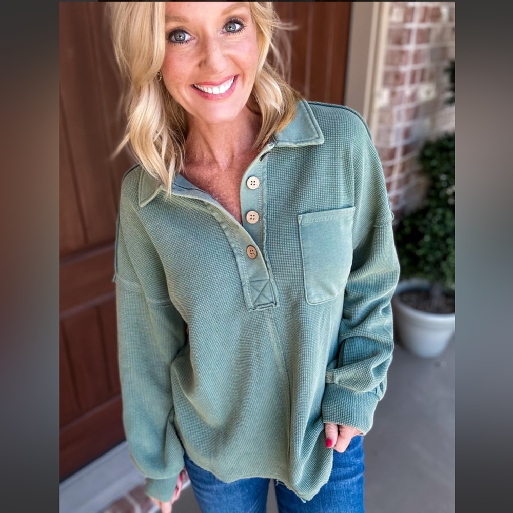 Button Down Collared Washed Henley Top - image 2